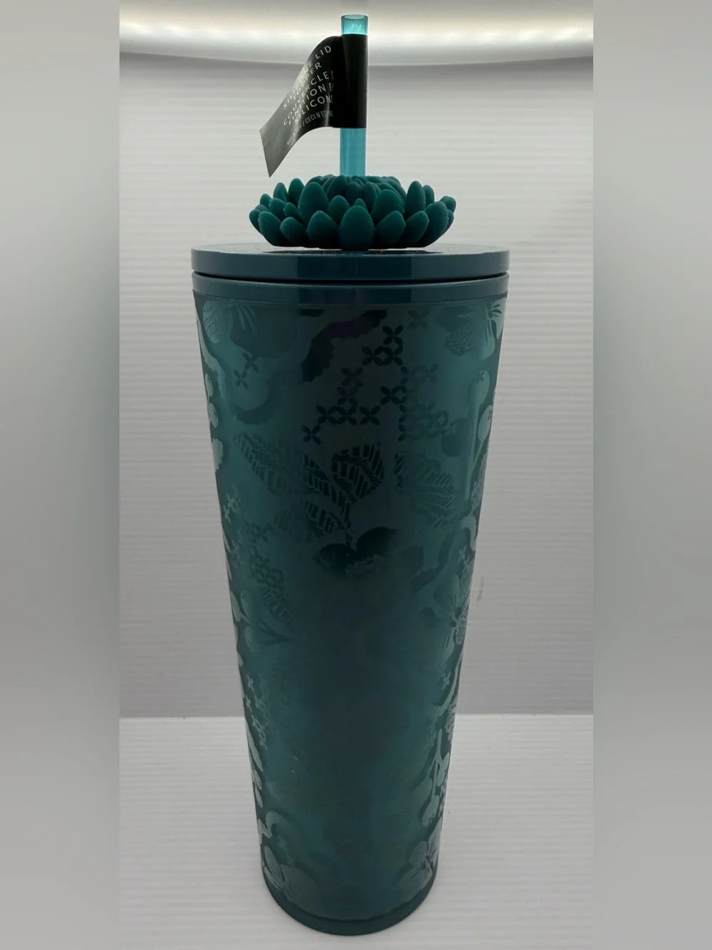 Starbucks Teal Floral Cold Cup Tumbler with Blooming Flower-Topped Straw
